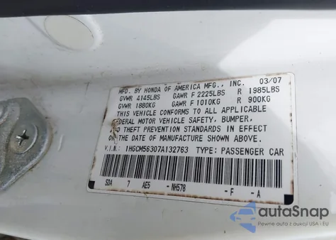 2007 Honda Accord 2.4 Se from USA, damaged, VIN 1HGCM56307A132763